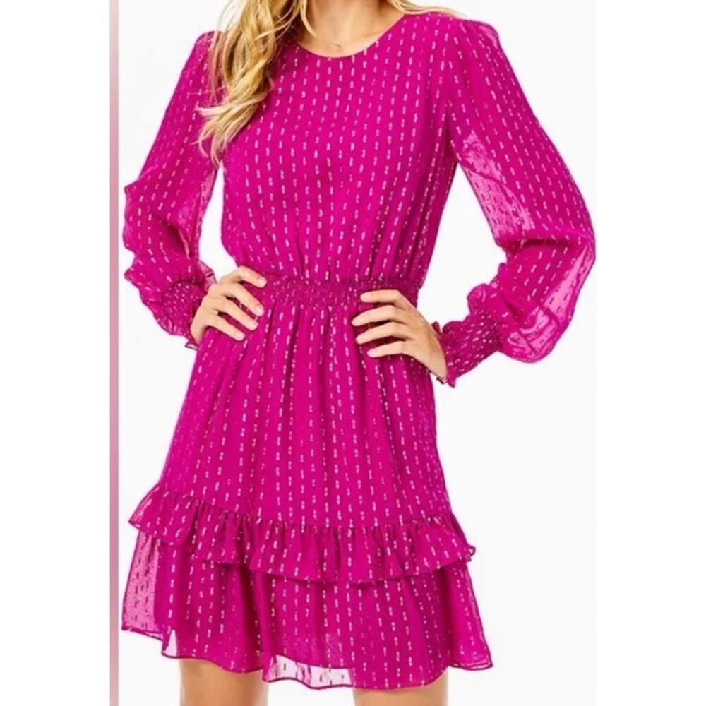 Lilly Pulitzer Size 4 Dotti Silk Ruffle Dress Bordeaux Berry Pink Metallic